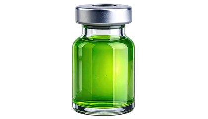 Green liquid in a clear vial with a silver cap, on black