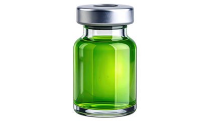 Green liquid in a clear vial with a silver cap, on black