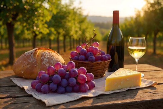 Vineyard picnic with wine cheese and grapes bread