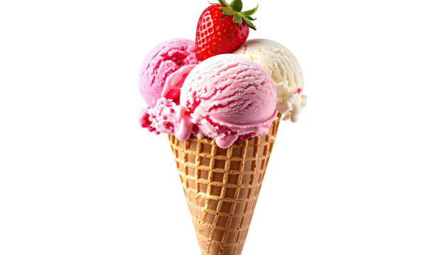 Ice cream cone with three scoops topped by a strawberry