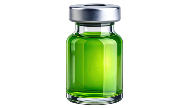 Green liquid in a clear vial with a silver cap, on black