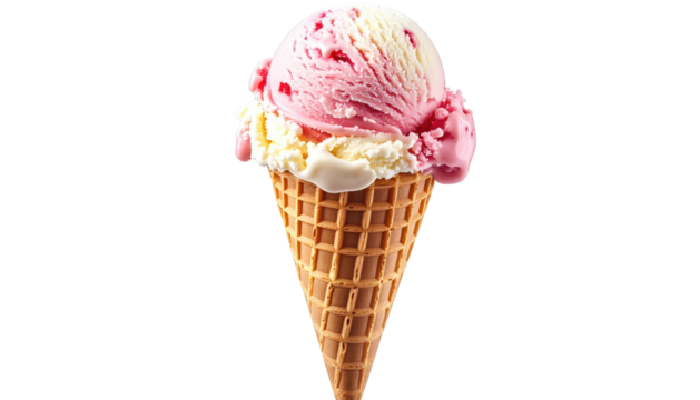 Ice cream cone with swirled pink and white scoops