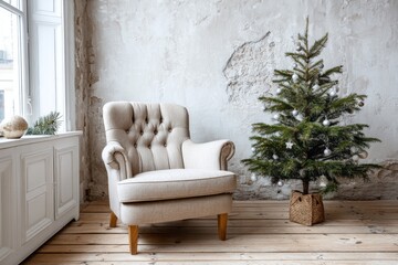 Fototapeta premium Neutral armchair and decorated tree sit on wooden floor.
