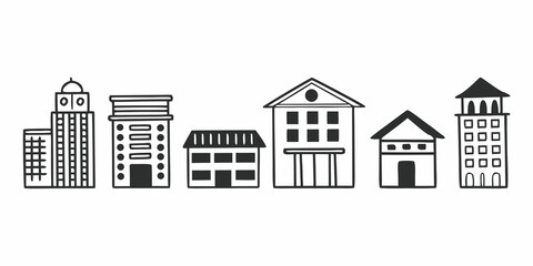 Line art illustration of a row of buildings with varying architectural styles and window arrangements
