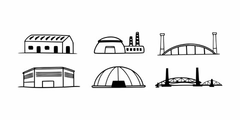 Illustrative depiction of various architectural structures including warehouses factories and bridges designs