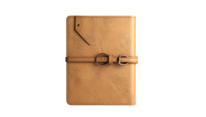 Tan leather notebook with buckle strap, against black background