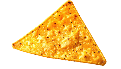 Single yellow, triangle-shaped tortilla chip on black backdrop