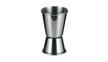 Stainless steel bar jigger against a black background