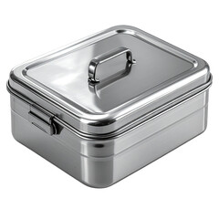 Shiny, rectangular stainless steel container with a handle and clasp