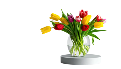 Colorful tulips in glass vase on platform, isolated on black