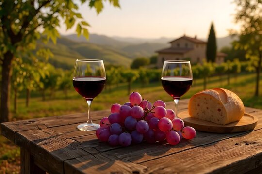 Wine Grapes Bread Vineyard Sunset red wine glasses