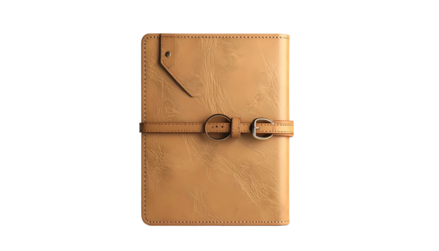 Tan leather notebook with buckle strap, against black background