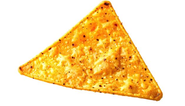 Single yellow, triangle-shaped tortilla chip on black backdrop