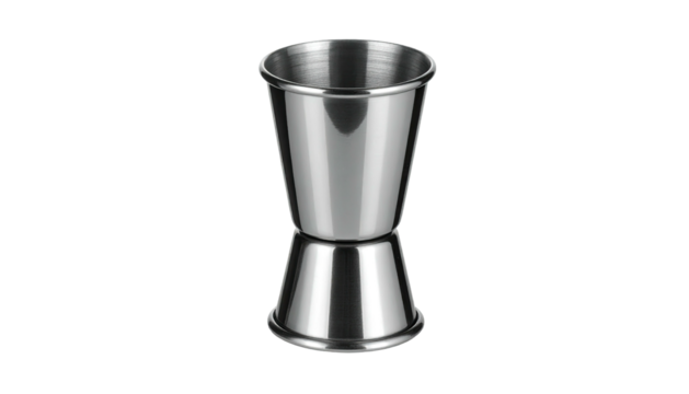 Stainless steel bar jigger against a black background