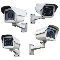 Four security cameras mounted on white walls