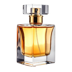 Elegant perfume bottle with golden liquid, gold accents, and a clear, geometric top