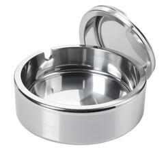 Shiny, round metal ashtray with lid, partially open, against black background