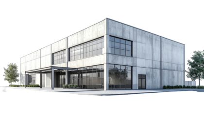 Concrete building with glass facade under bright sun