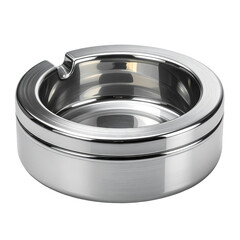 Shiny, round, steel ashtray with grooves and a circular opening for resting objects