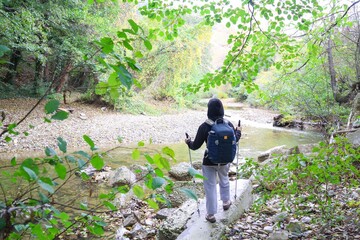  young girl with a backpack is hiking alone in forest