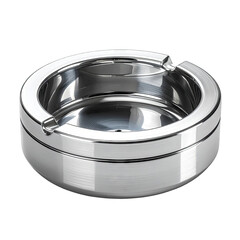 A polished, circular, metal ashtray with a single groove for resting objects