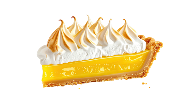 Lemon pie slice; torched meringue peaks, golden crust