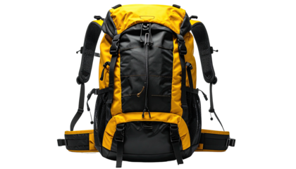 Upright yellow and black hiking backpack on a white background