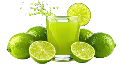 Lime juice splash with sliced limes, black backdrop
