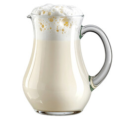 A glass pitcher filled with a creamy, frothy beverage, mostly opaque, against black background