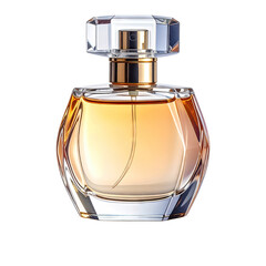 Elegant perfume bottle with a faceted crystal cap, filled with amber-colored liquid
