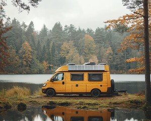A vibrant yellow camper van parked by a serene lake surrounded by autumn trees, perfect for nature lovers.