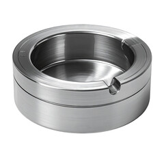 A metallic, circular, industrial-style ashtray with a single cigarette rest