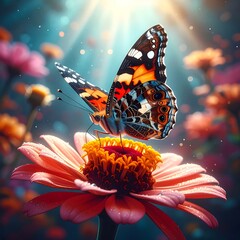 Vibrant butterfly on a flower in sunlight