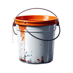 White paint bucket with orange rim and handle, orange paint drips down the side
