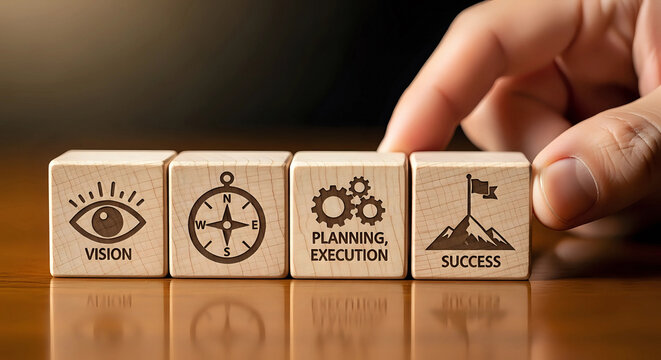Hand arranging wooden blocks with icons representing vision planning execution and success for business strategy