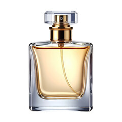 Elegant perfume bottle with a golden liquid against a black background