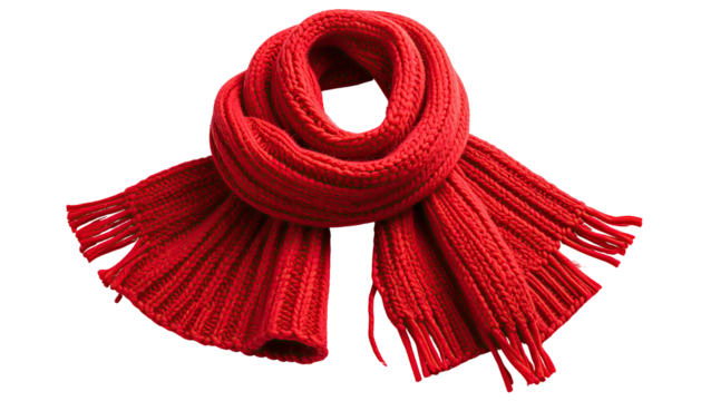 Bright red, ribbed, knitted scarf draped on black