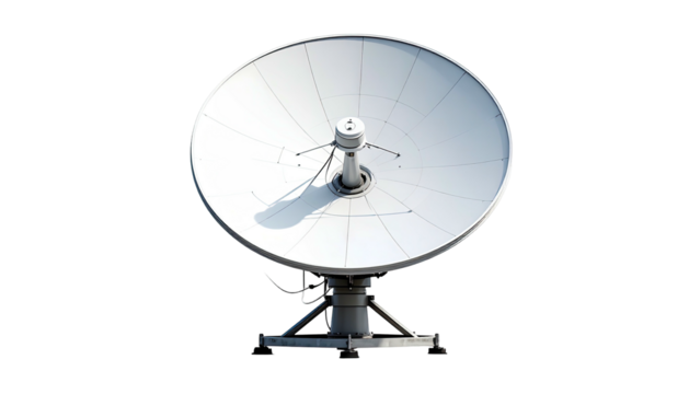 White satellite dish, cylindrical pivot, and sturdy metal base