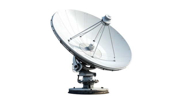 Large parabolic antenna, white metal, black background, side view