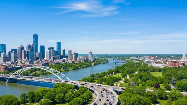 Aerial view of downtown des moines skyline and riverfront