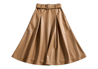 Elegant tan faux leather midi skirt with a belted high waist isolated on transparent background
