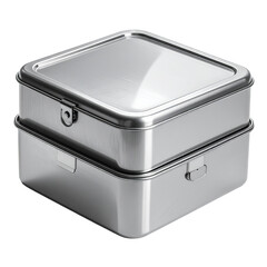 Shiny, two-tiered stainless steel food container with a hinged clasp and square shape