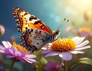 Vibrant butterfly on flowers in sunlight