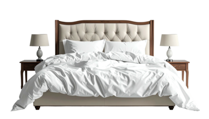 Upholstered bed with rumpled white sheets and bedside lamps