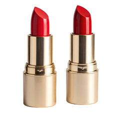 Two vibrant red lipsticks in golden cases against a black background