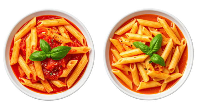Two bowls of penne pasta in red sauce, topped with basil