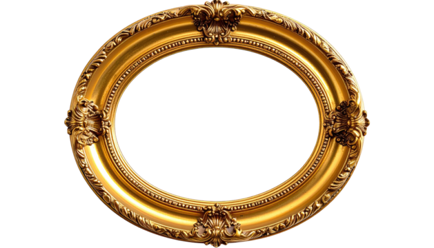 Ornate, golden, oval picture frame with intricate details