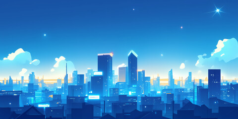 Naklejka premium 夜の都市イラスト・アニメ背景・静けさと灯りのコントラスト・ビル街・レトロモダンな夜・空と街のグラデーション