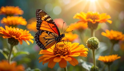 Vibrant butterfly on orange flowers in sunlight
