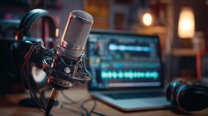Professional microphone in home studio with headphones and laptop setup for audio production